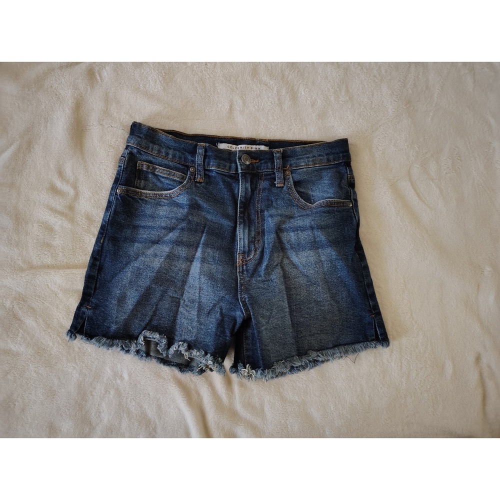 Celebrity Pink Womens High Rise Dark Wash Frayed Hem Denim Jean Shorts Size 5/27